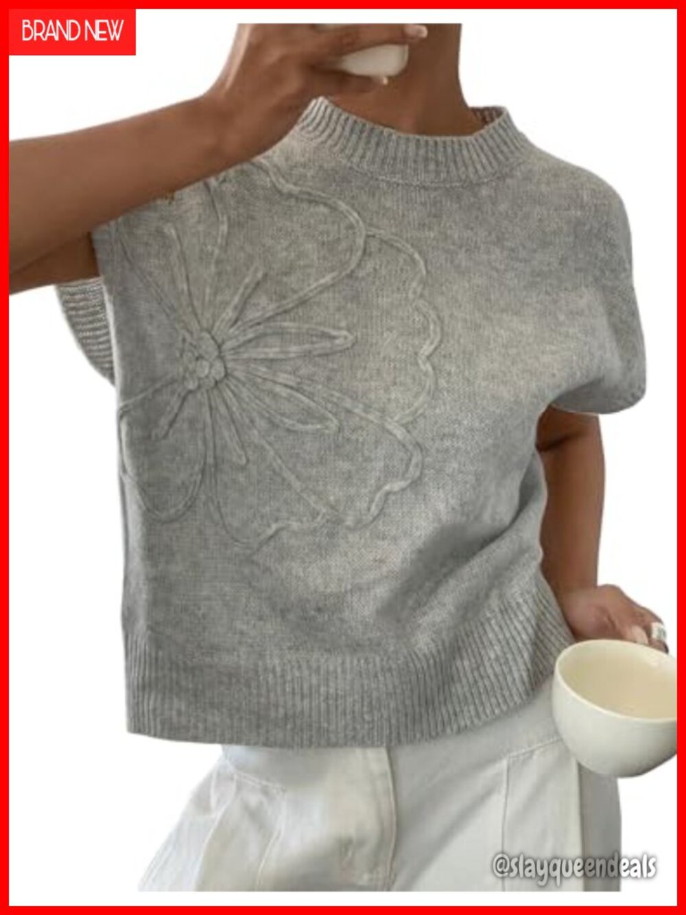 Womens Floral Knit Sweater Vest Cap Sleeve Crew Neck Loose Fit Top
